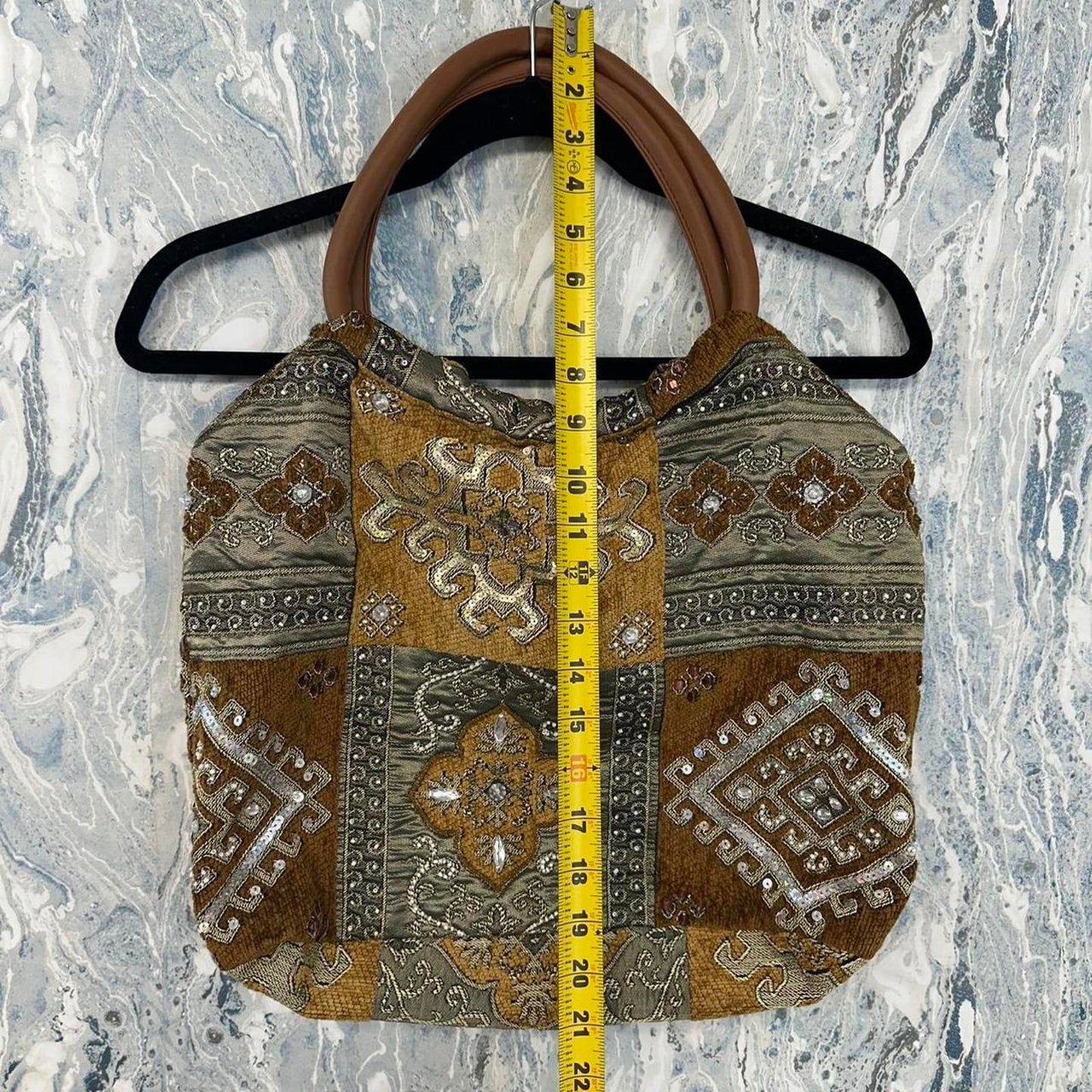 Bohemian Tan & Gold Embellished Patchwork Tapestry Bag