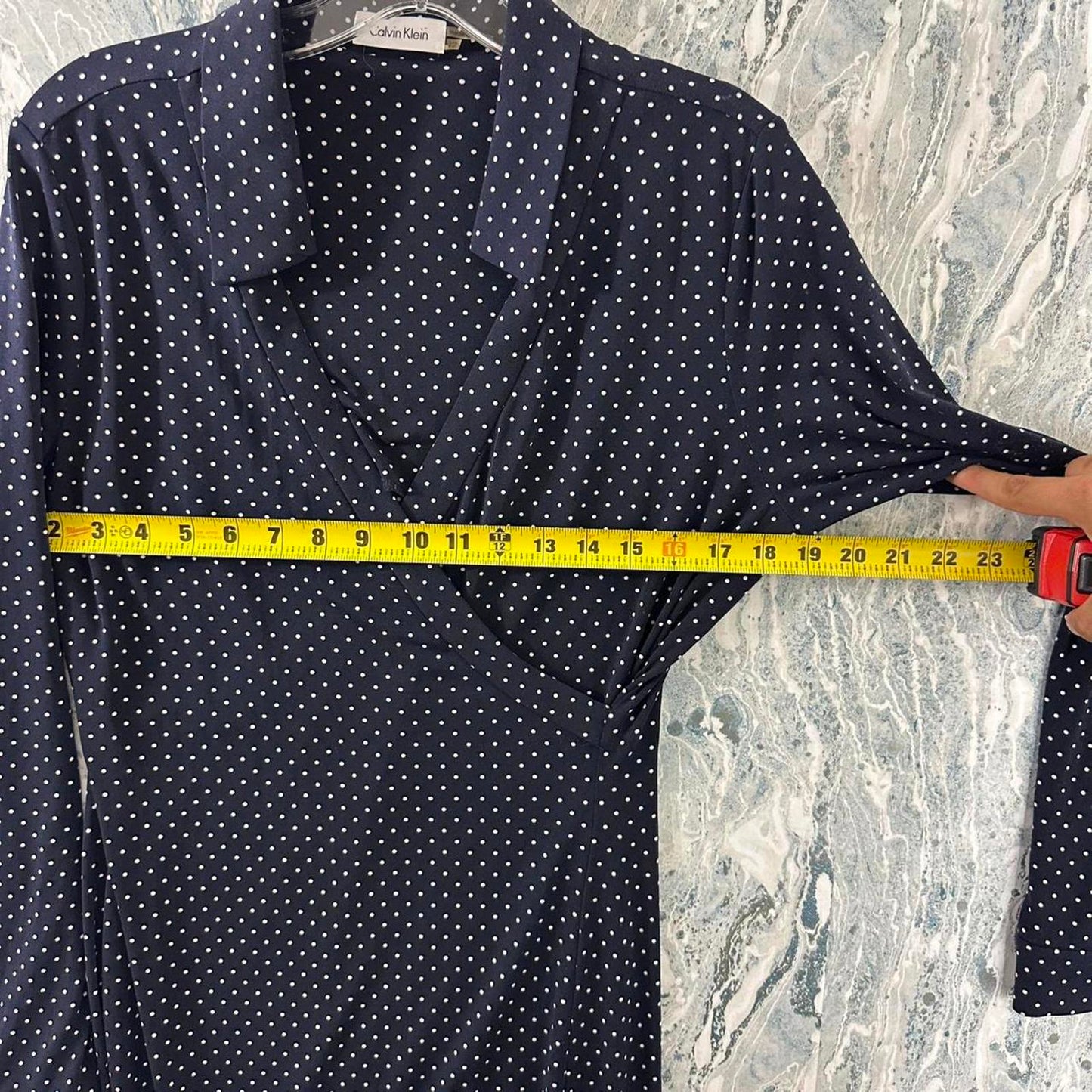 Calvin Klein Navy Polka Dot Long Sleeve Wrap Dress (12)