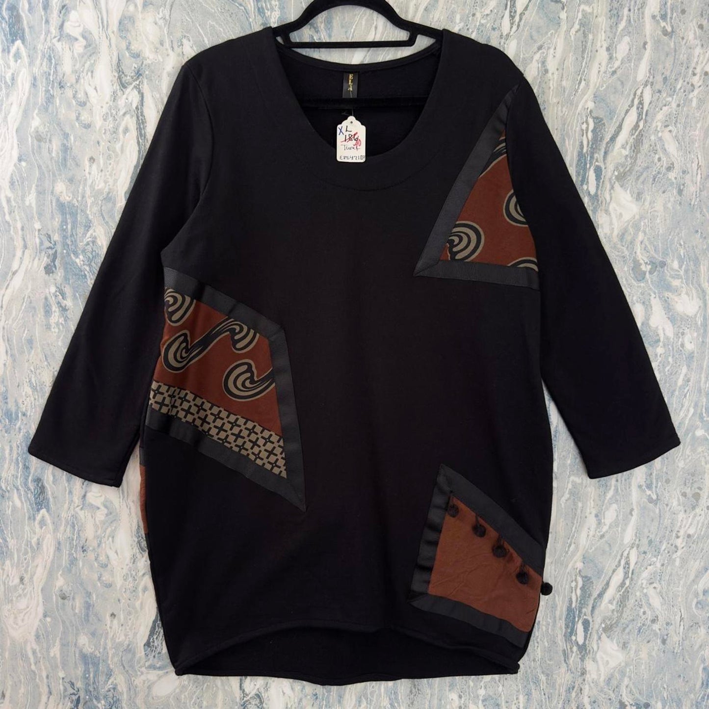 Boho Black Patchwork Geometric Pattern Tunic (XL)