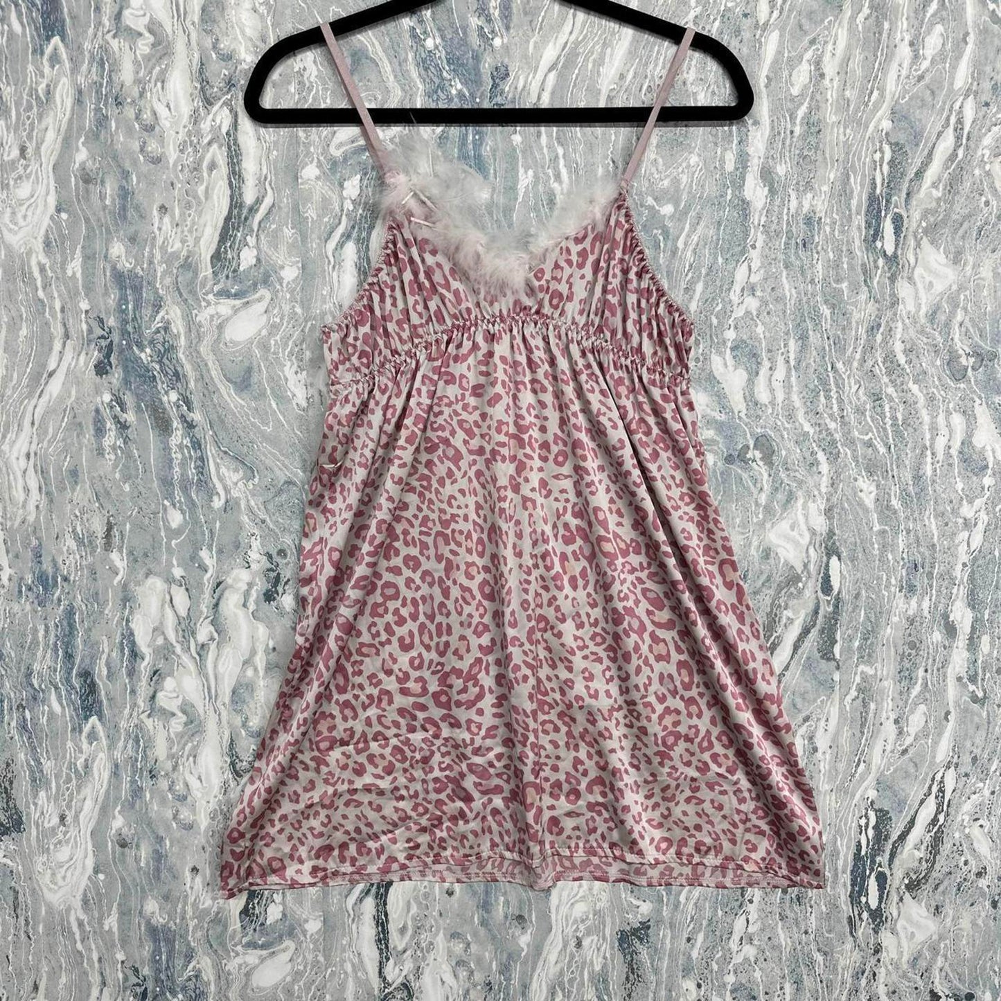 Pink Leopard Print Feather Trim Nightdress Slip (One Size)