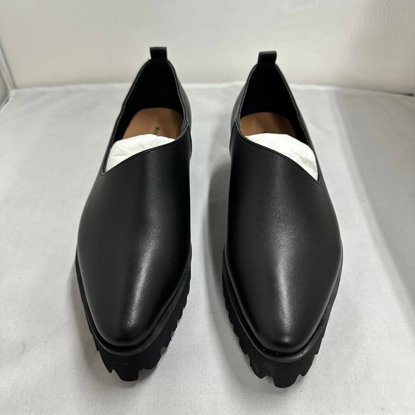 Sleek Black Platform Asymmetrical Leather Loafers (10.5)