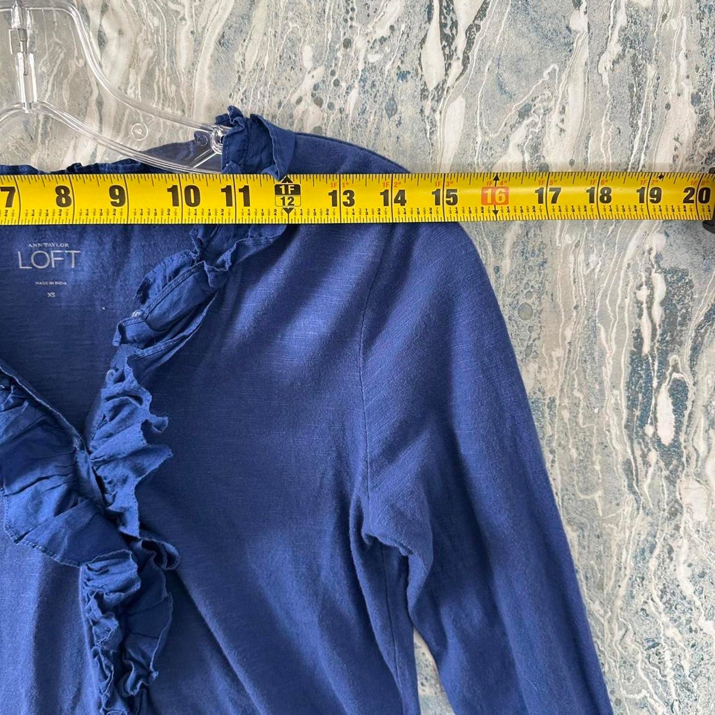 Y2K Ann Taylor LOFT Ruffle Trim Blue Long Sleeve Cotton Top (XS)