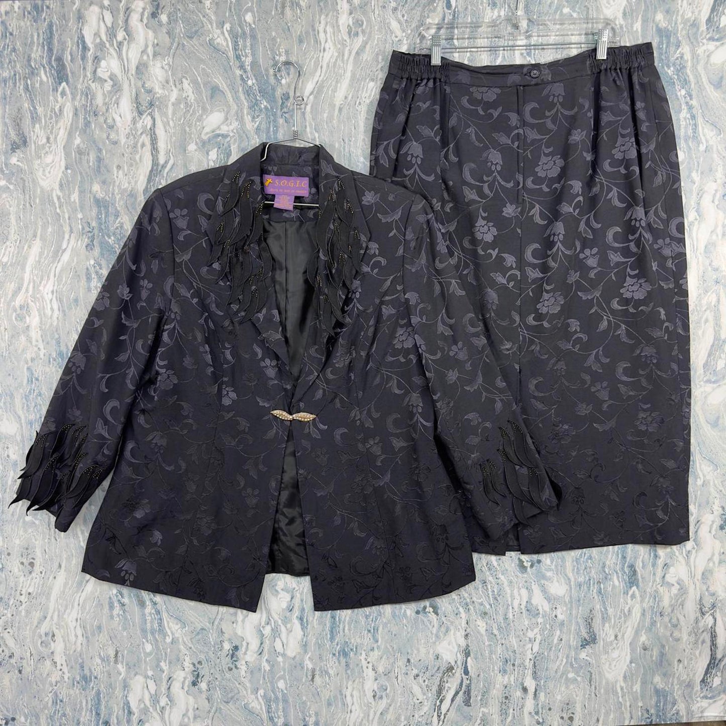 Vintage Black Jacquard Floral Gospel Blazer and Skirt Set (20W)