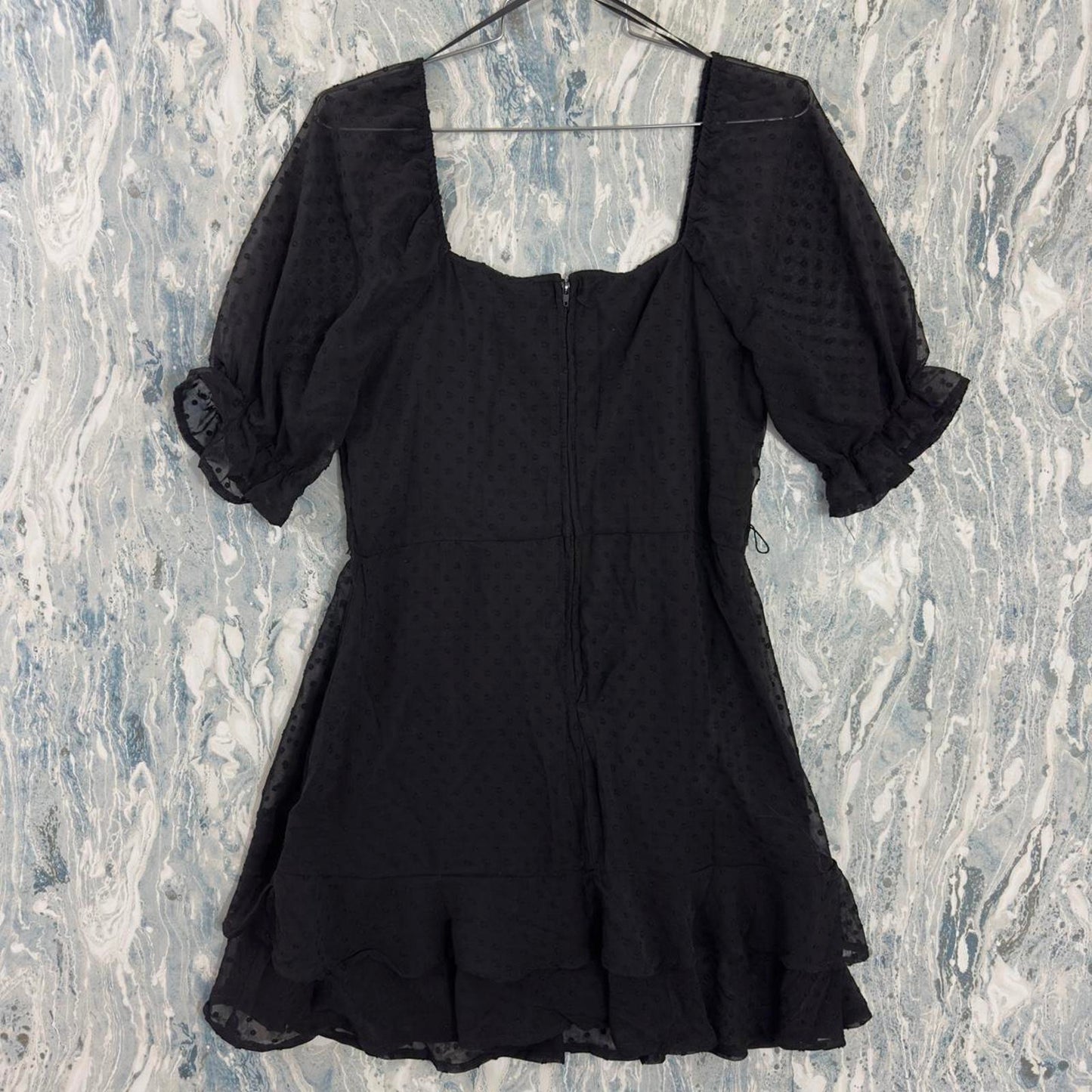 Trixxi Whimsygoth Black Ruffled Mini Dress with Puff Sleeves (L)