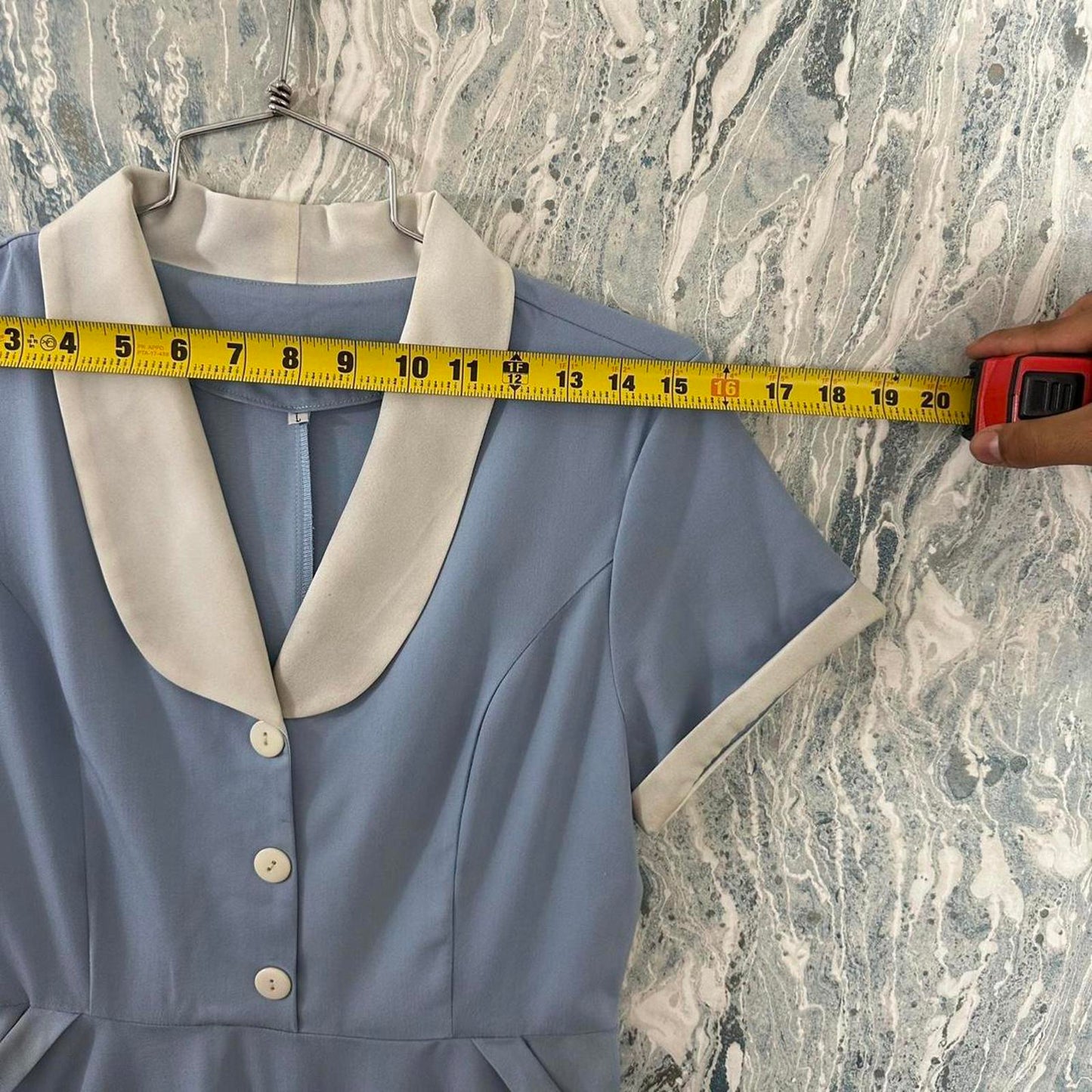 Vintage Classic Blue & Cream Midi Dress with Shawl Collar (L)