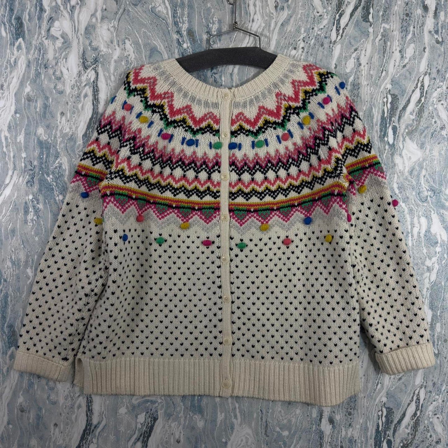 Talbots Colorful Fair Isle Patterned Cream Knit Sweater Cardigan (M)