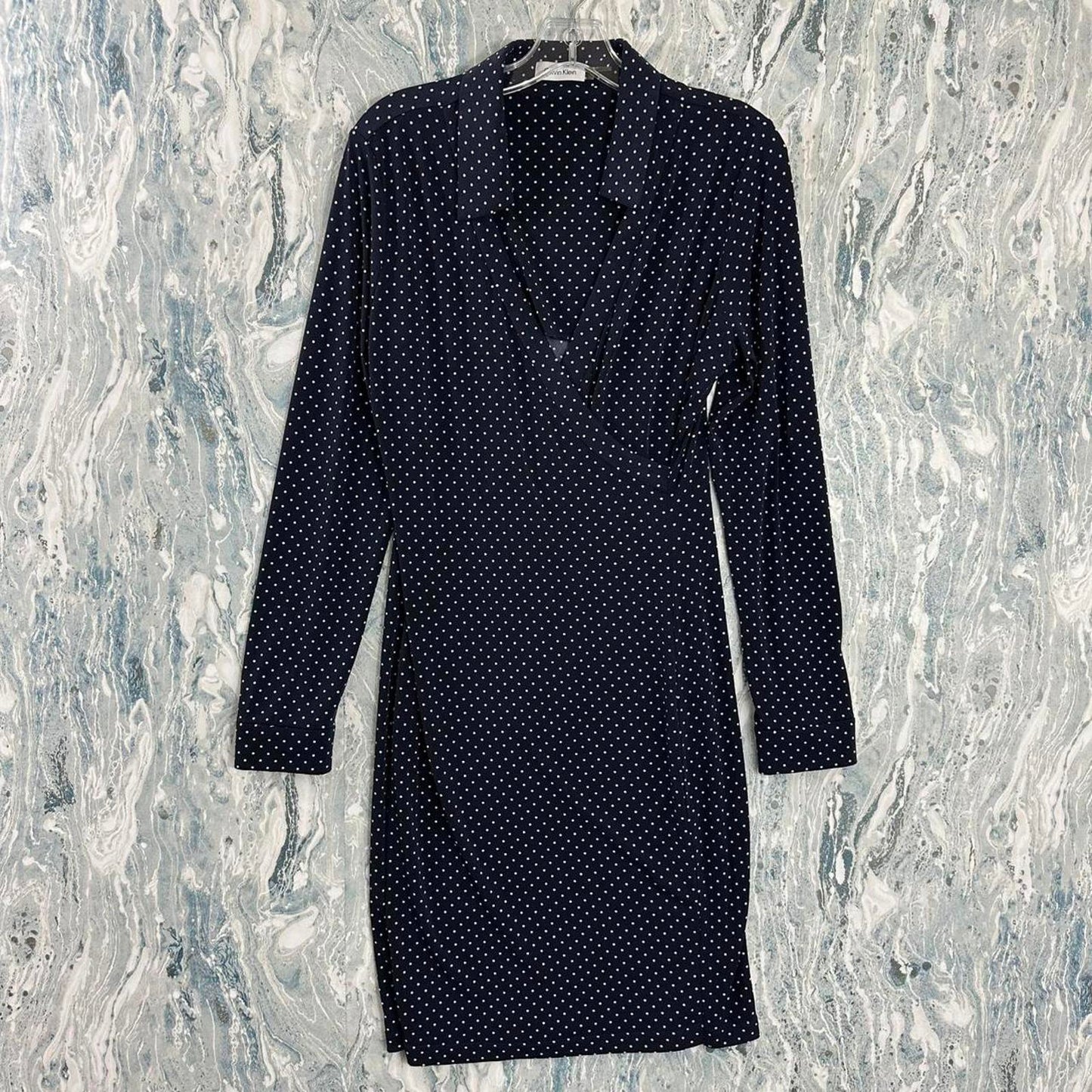 Calvin Klein Navy Polka Dot Long Sleeve Wrap Dress (12)