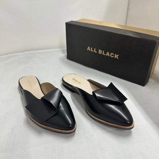 Contemporary Chic Black Leather Half Bow Mule Slides (6.5)