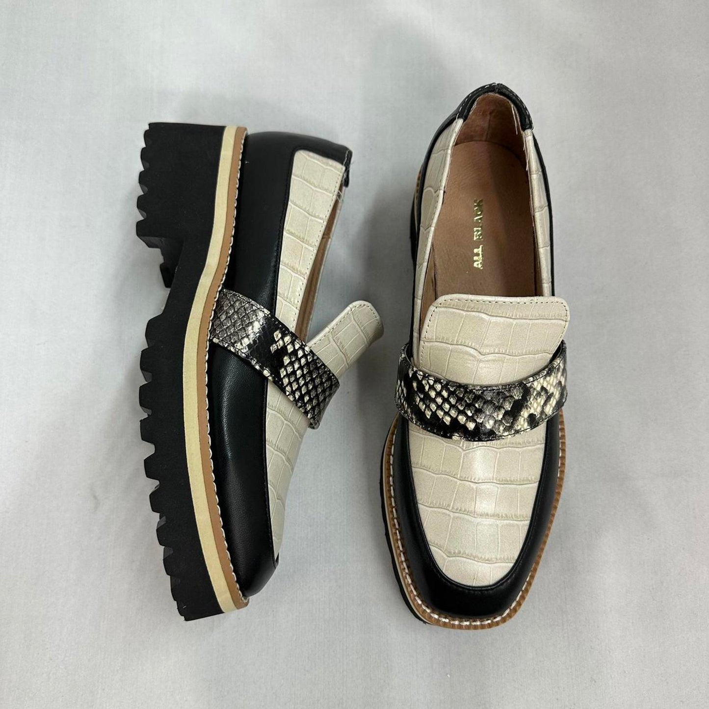 Leather Mary Jane Loafers with Croc Pattern Strap (5.5)