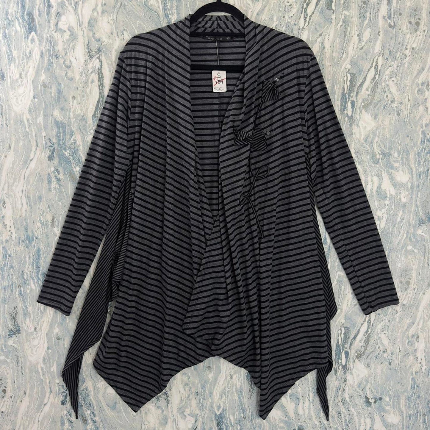 Grunge Designer Gray Striped Waterfall Cardigan (S)