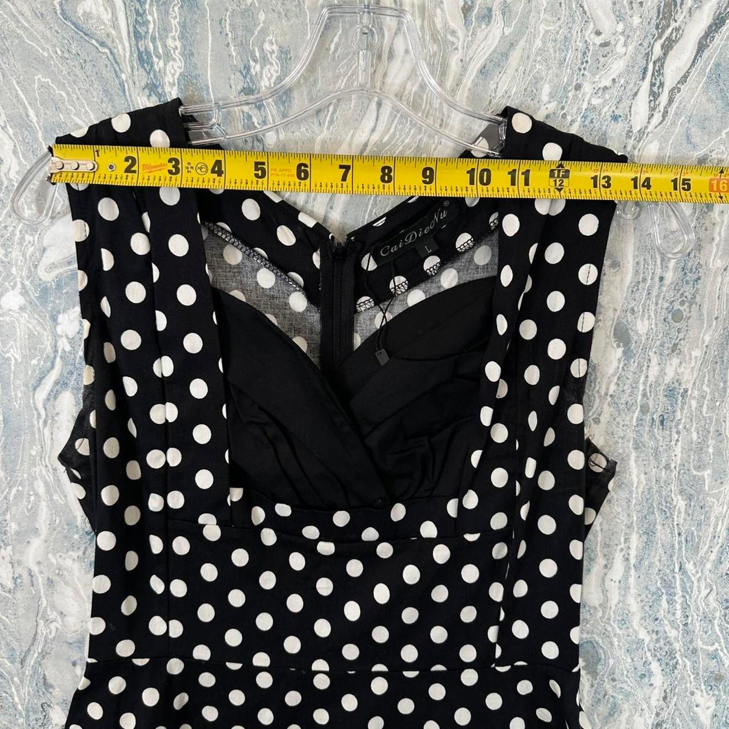 Classic Polka Dot Black & White Sleeveless Fit and Flare Dress (L)