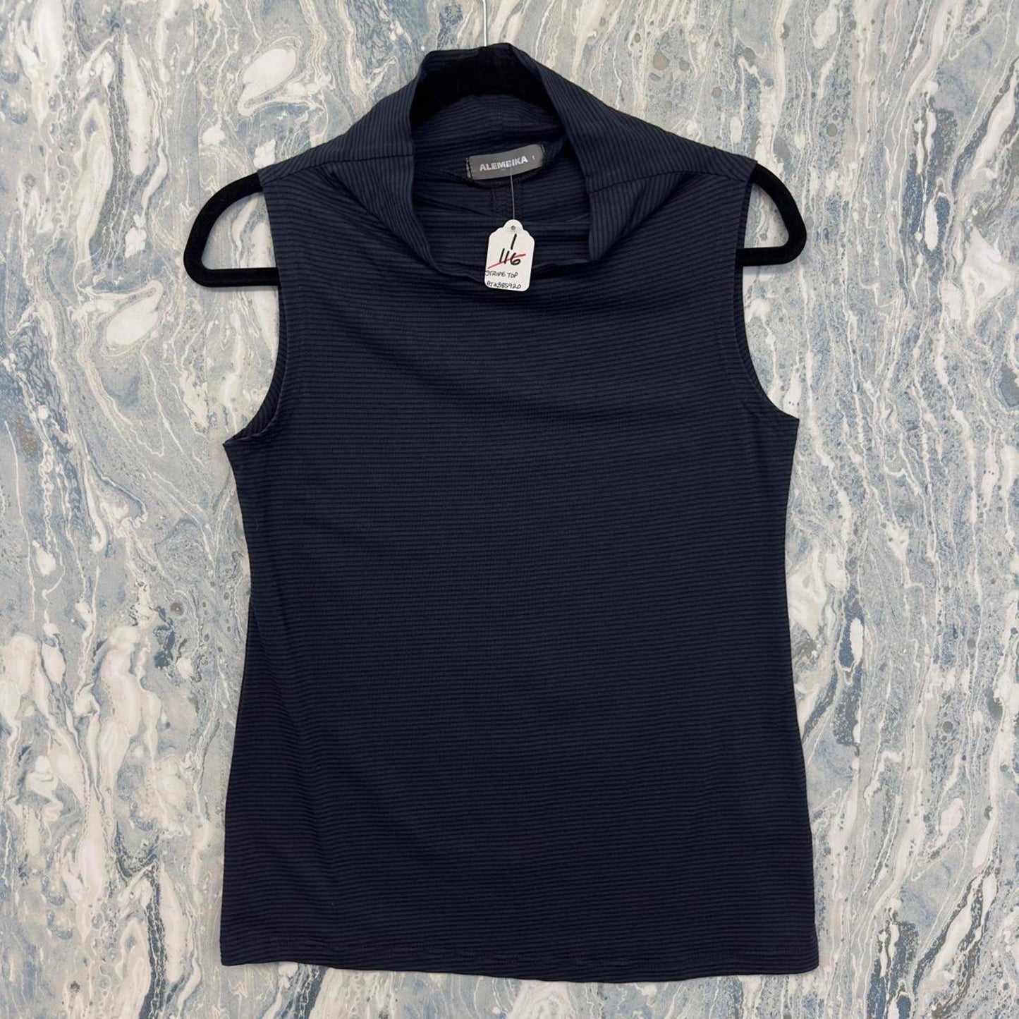 Designer Navy Blue Striped Sleeveless Mock Neck Top (M)