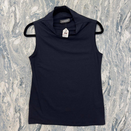 Designer Navy Blue Striped Sleeveless Mock Neck Top (M)