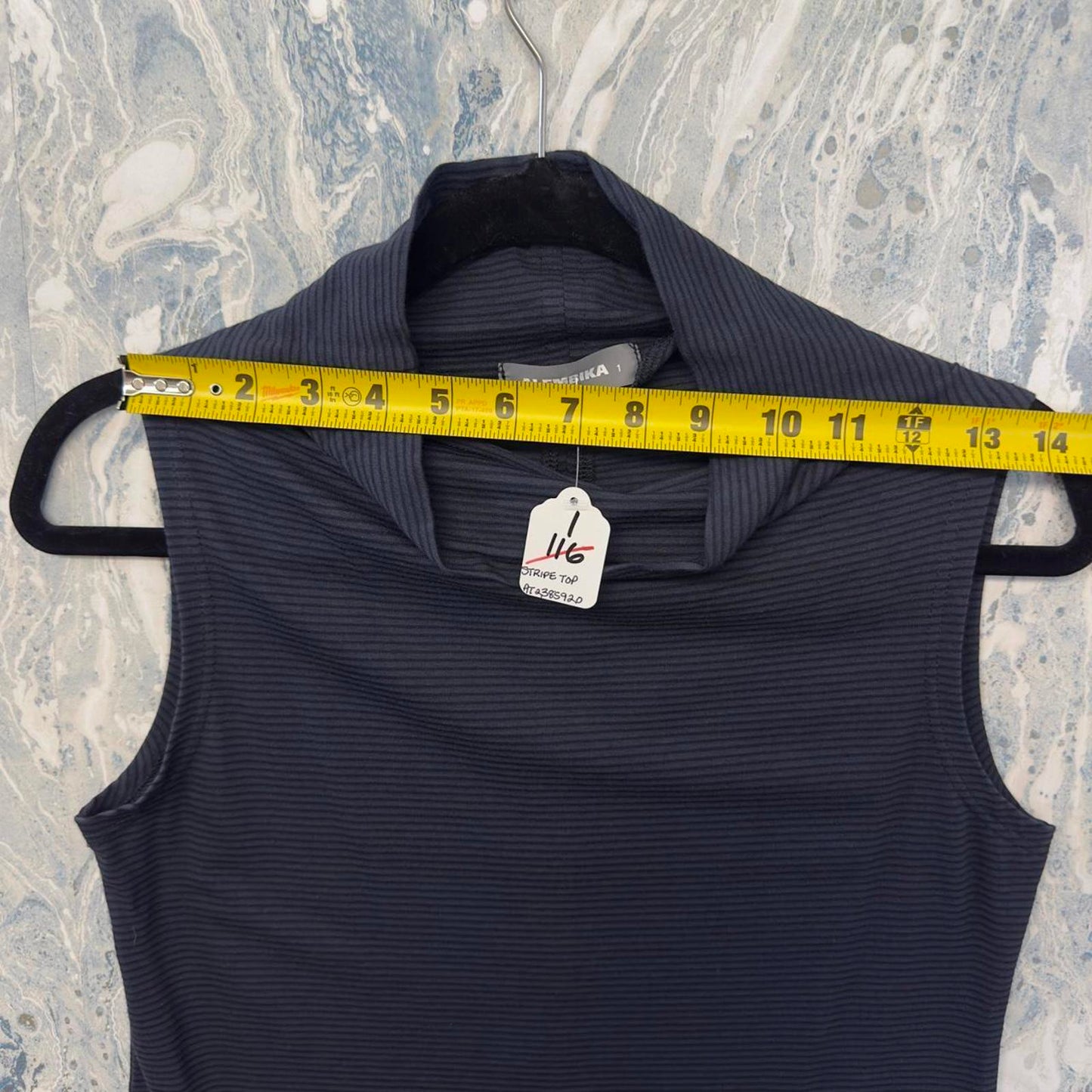 Designer Navy Blue Striped Sleeveless Mock Neck Top (M)