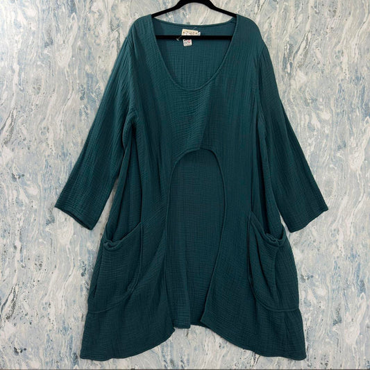 Boho Designer Teal Textured Tunic Dress (L)