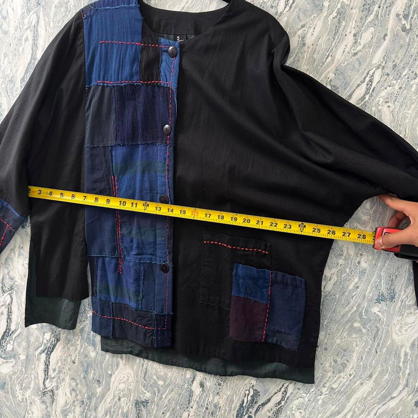 Boho Black & Blue Patchwork Button-Up Jacket (S/M)