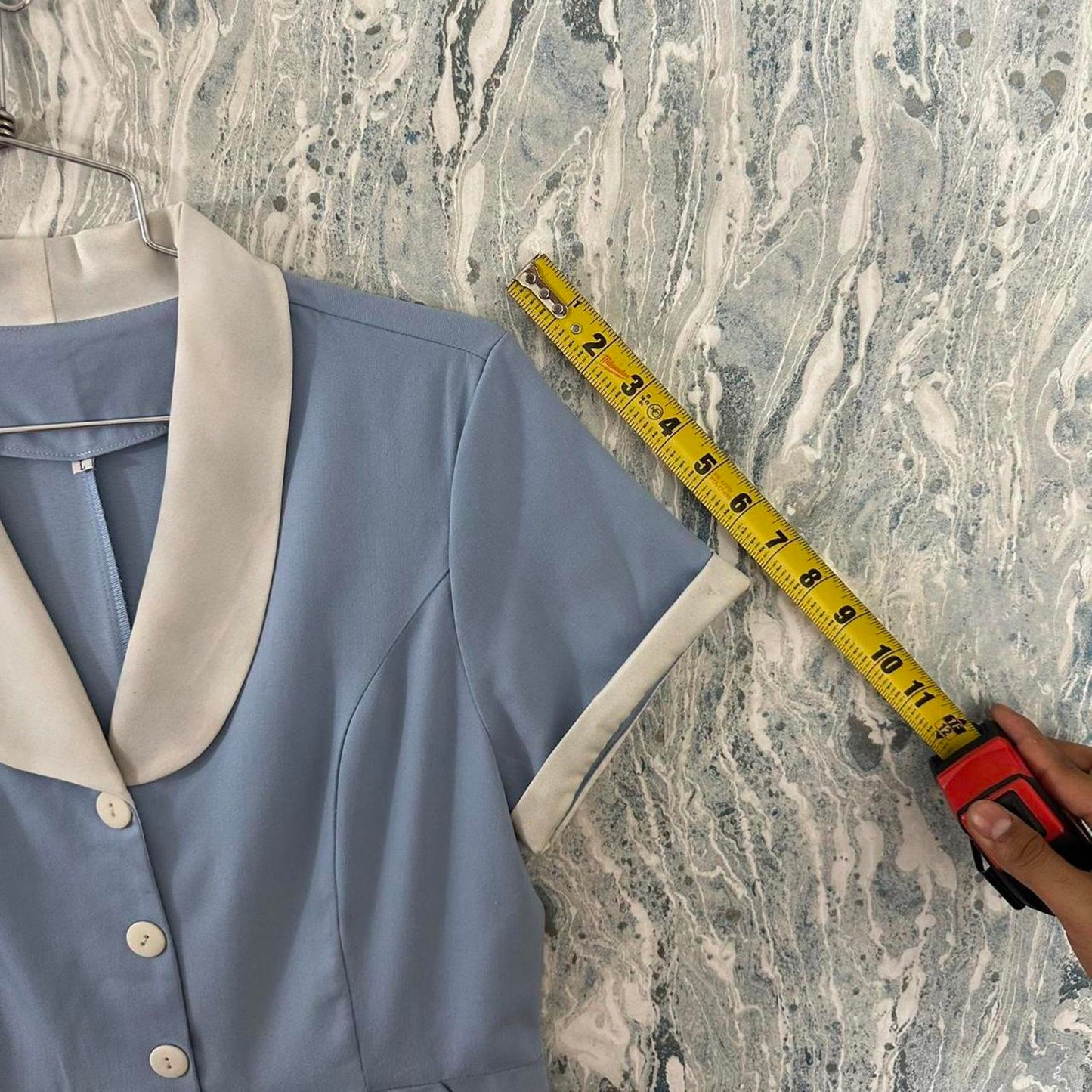 Vintage Classic Blue & Cream Midi Dress with Shawl Collar (L)