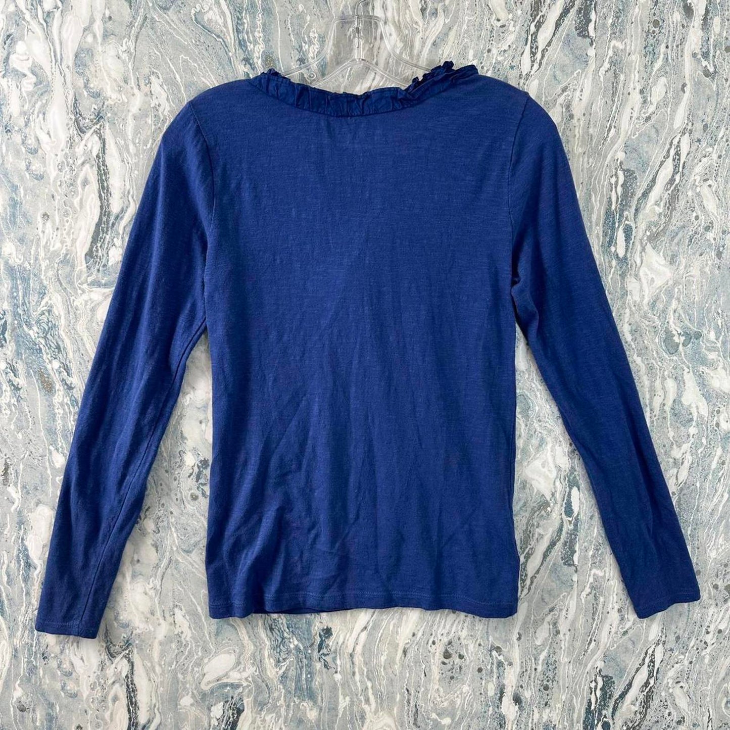 Y2K Ann Taylor LOFT Ruffle Trim Blue Long Sleeve Cotton Top (XS)