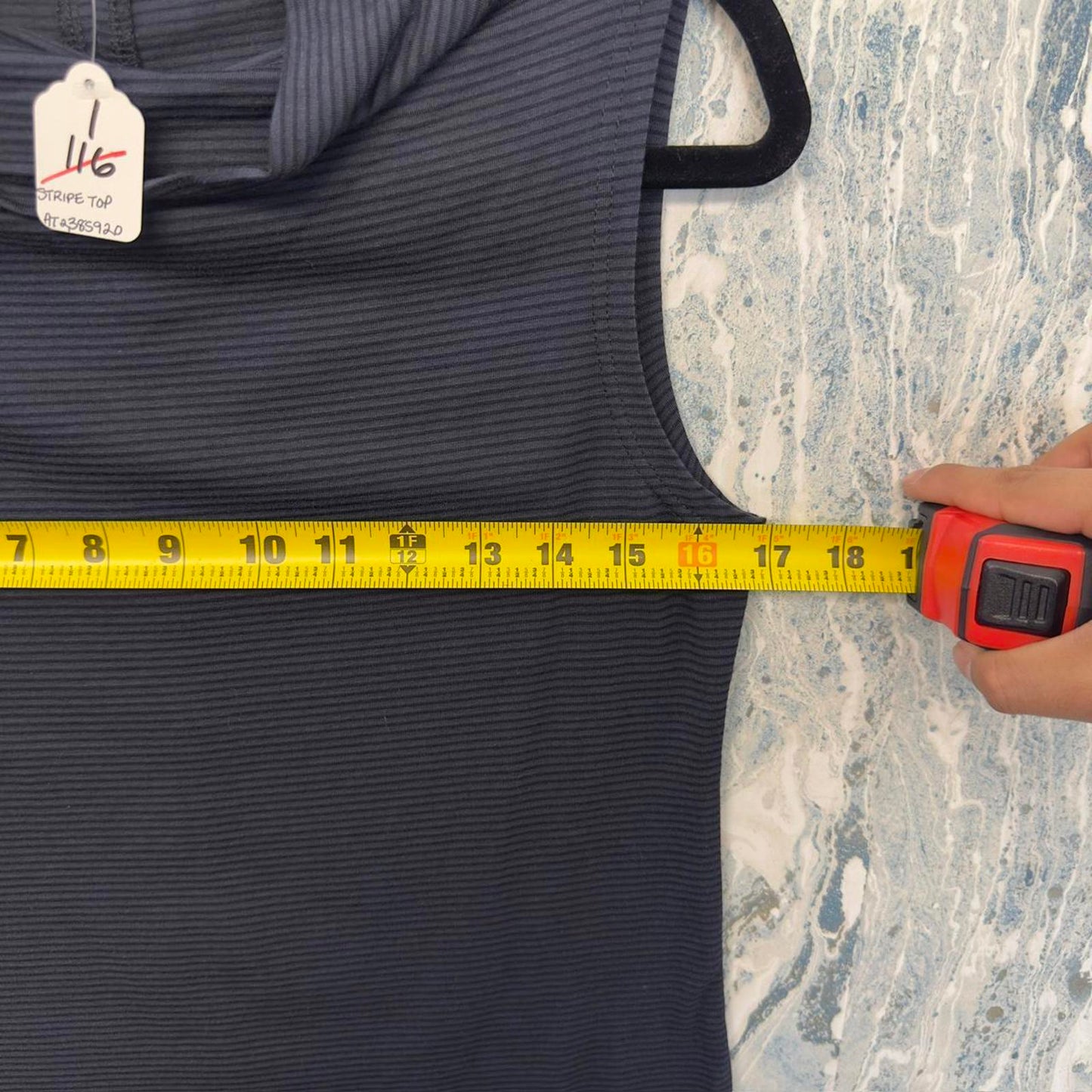 Designer Navy Blue Striped Sleeveless Mock Neck Top (M)