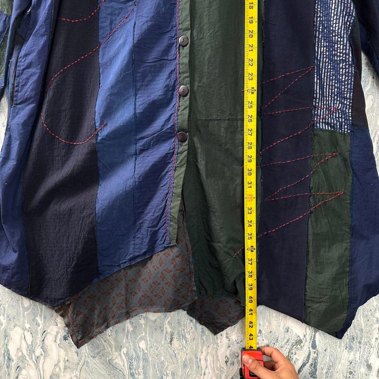 Designer Patchwork Navy Blue & Green Tunic Dress (S)