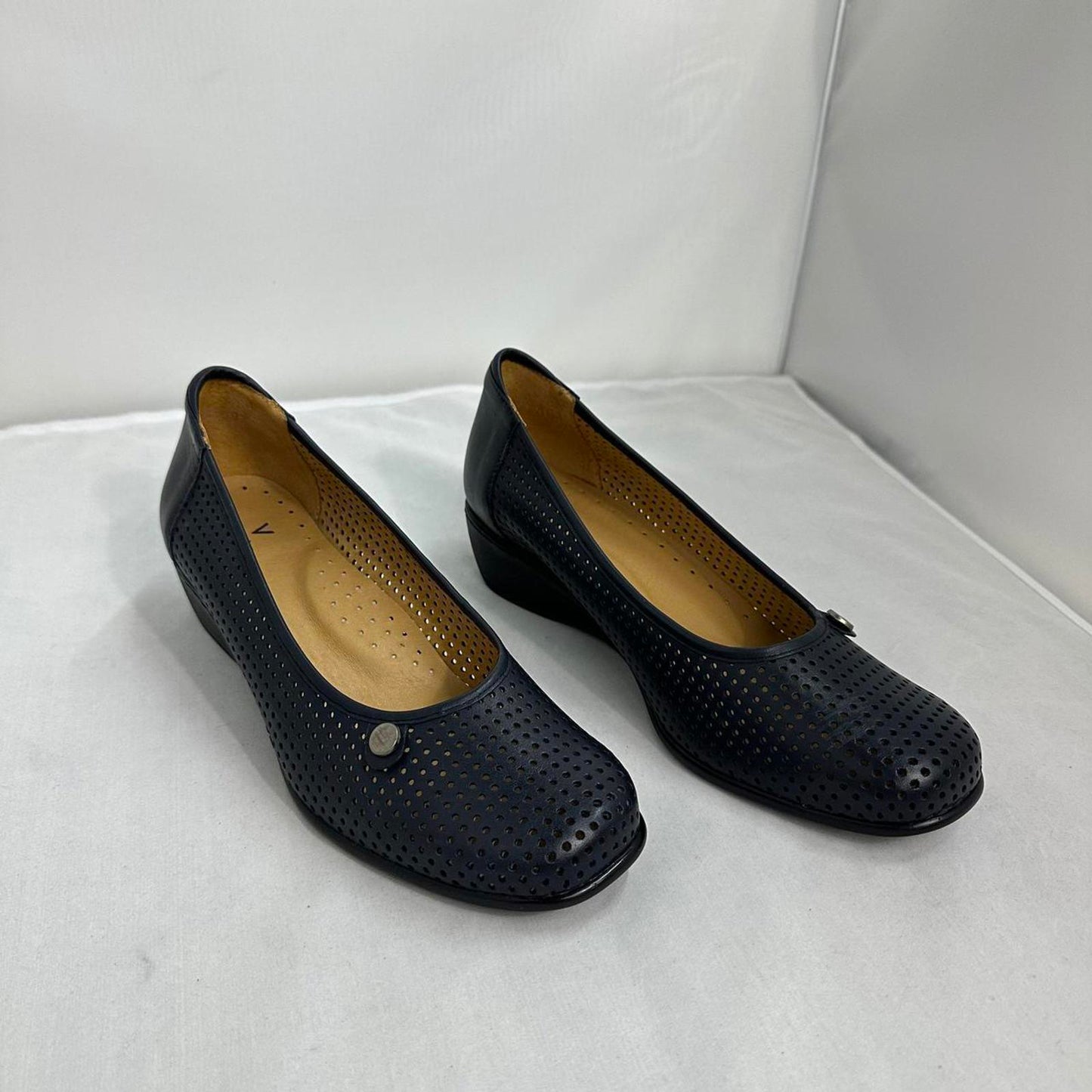 Perforated Navy Leather Wedge Shoes (9)