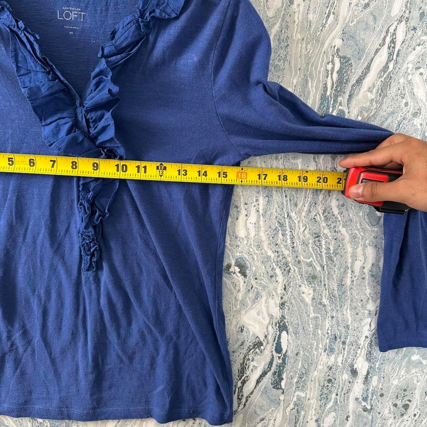 Y2K Ann Taylor LOFT Ruffle Trim Blue Long Sleeve Cotton Top (XS)