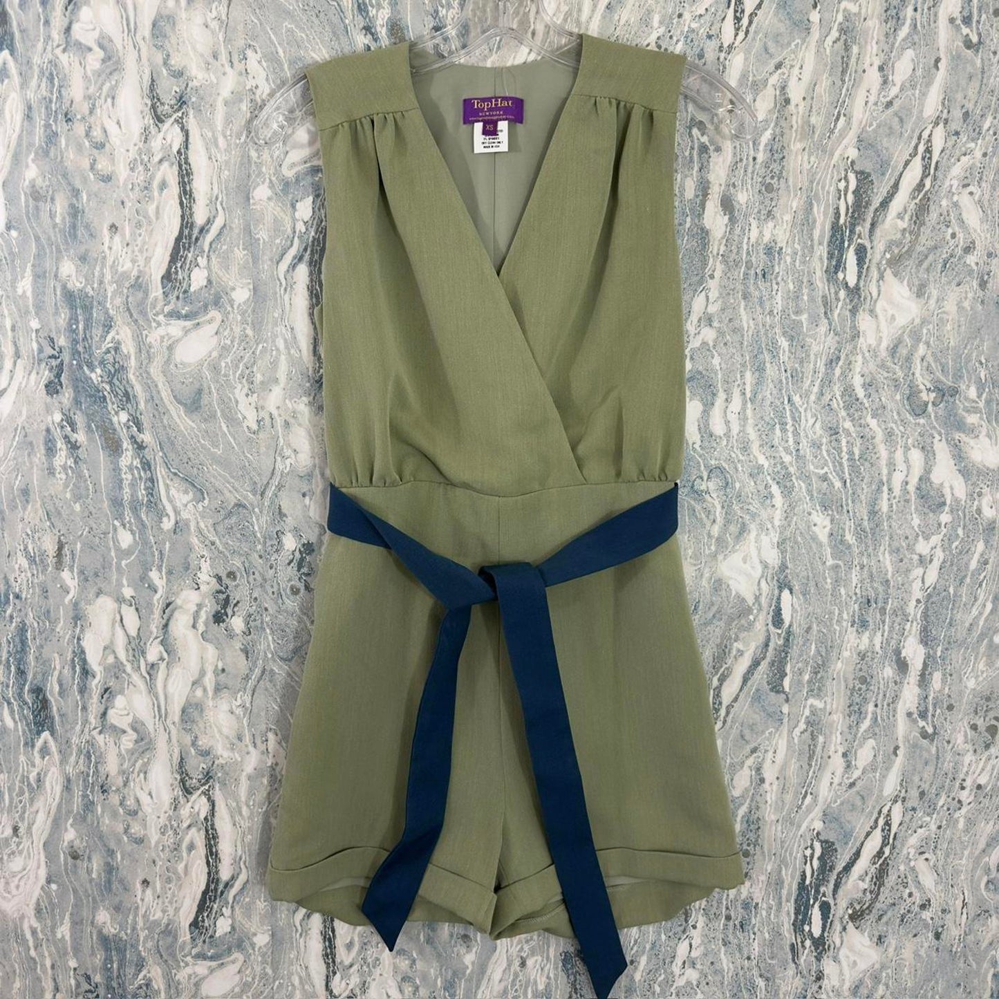 Chic Preppy Sage Wrap Romper with Navy Belt (XS)