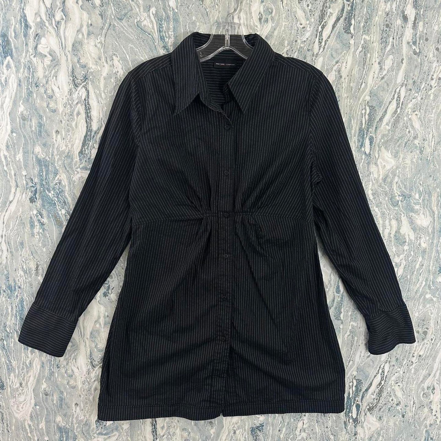 NEW YORK & COMPANY Black Pinstripe Long Sleeve Button-Up Tunic Shirt (10)