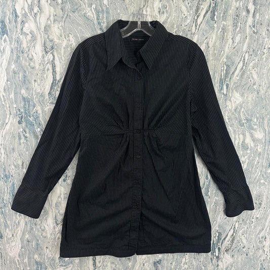 NEW YORK & COMPANY Black Pinstripe Long Sleeve Button-Up Tunic Shirt (10)