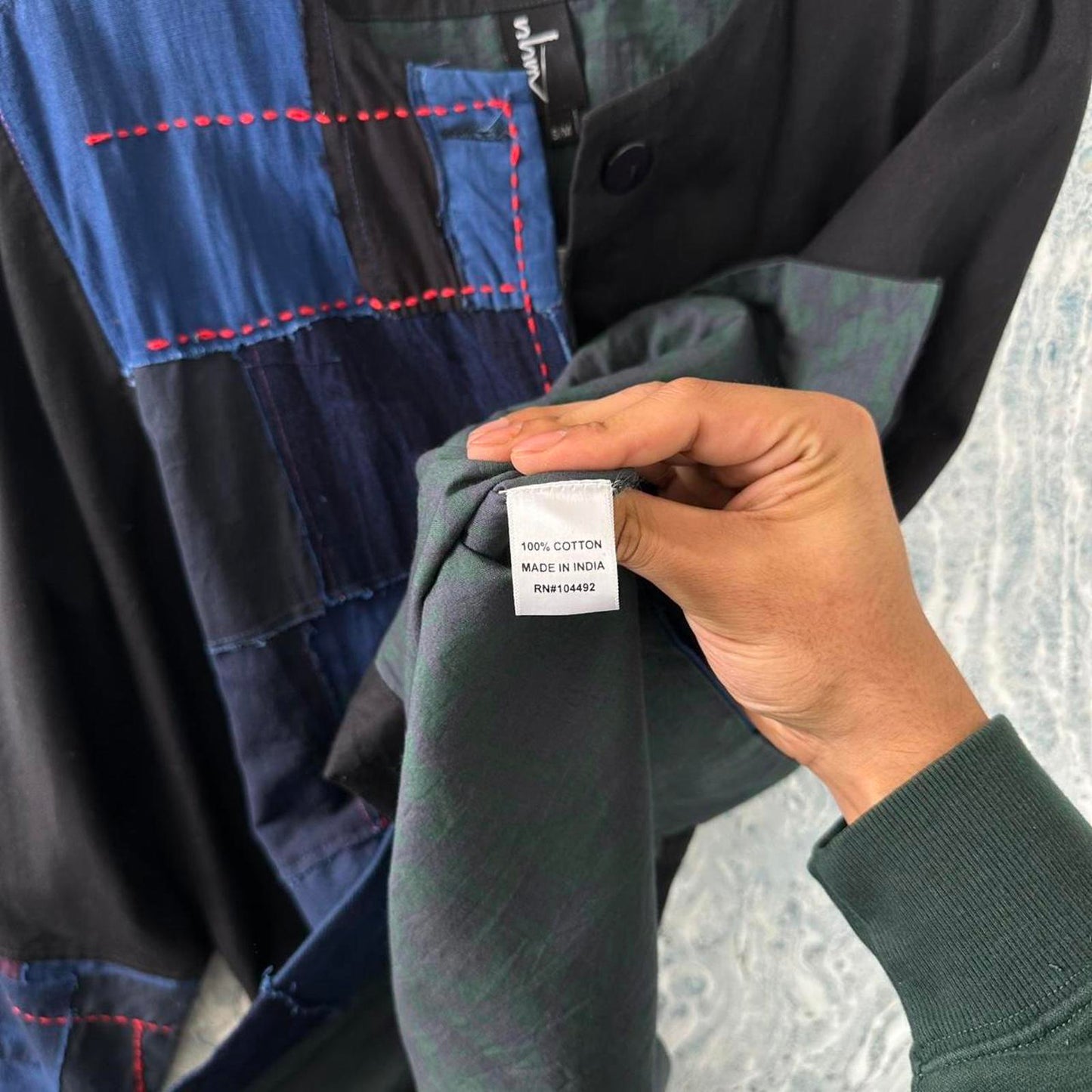 Boho Black & Blue Patchwork Button-Up Jacket (S/M)